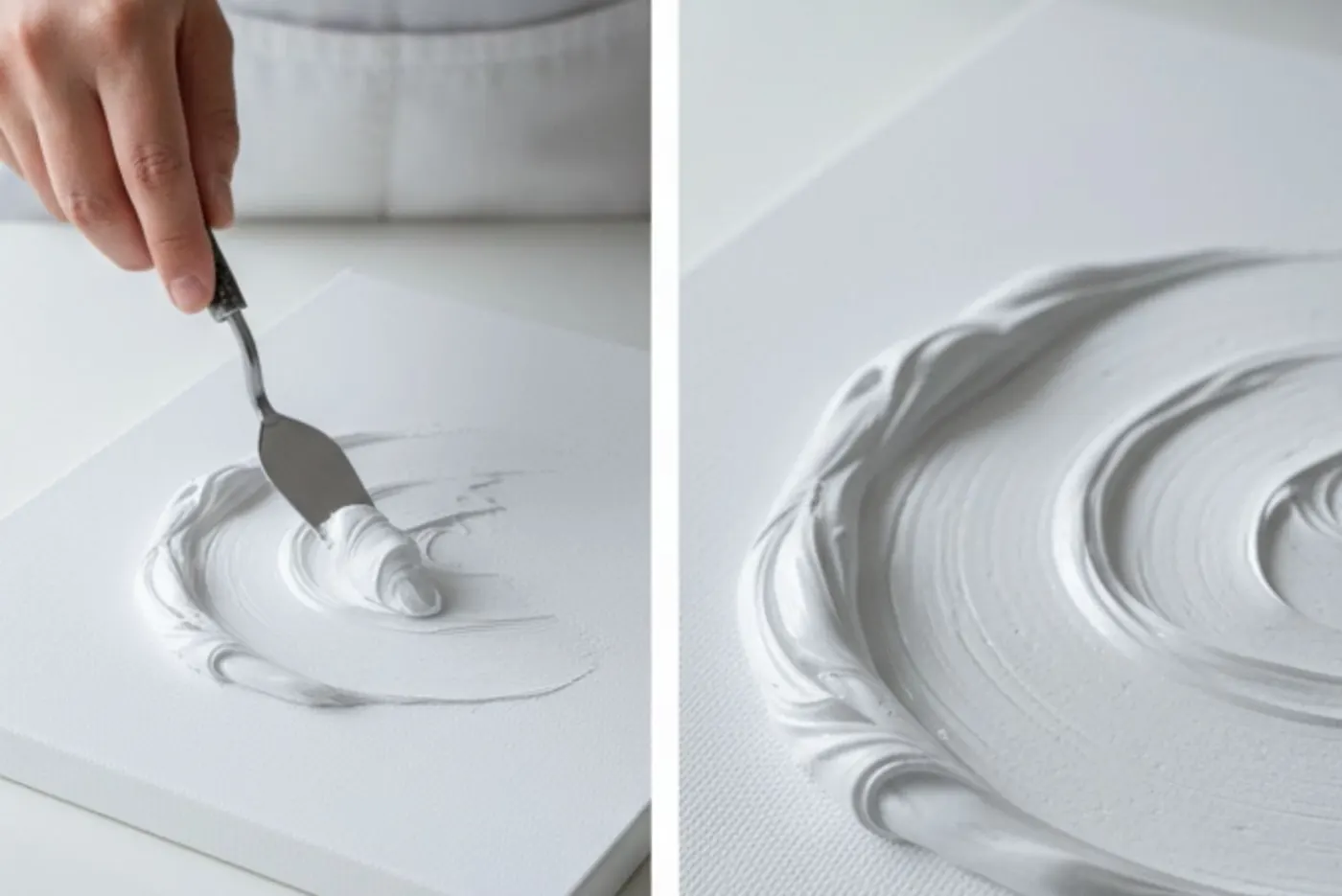 Tangan meratakan acrylic thick paste di atas kanvas dengan palette knife